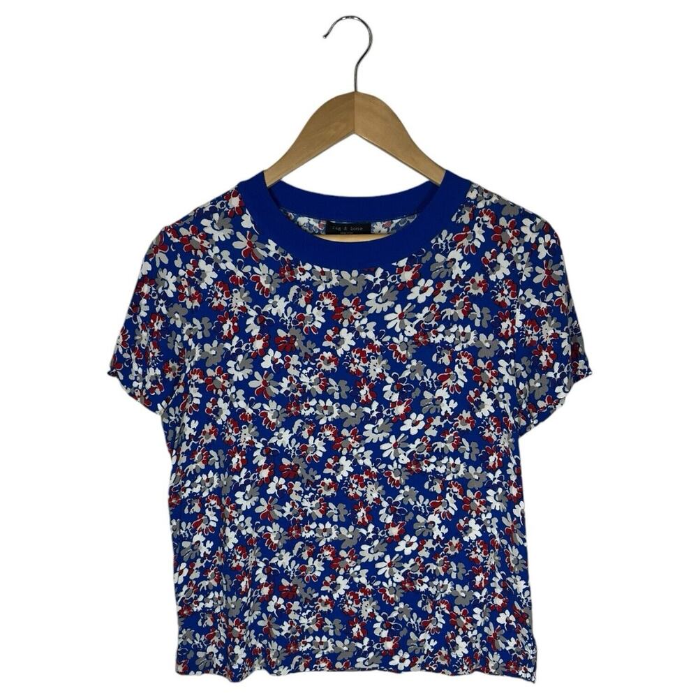Rag Bone Top Womens S Sloane Tee Floral Round Neck Short Sleeve Designer Blue